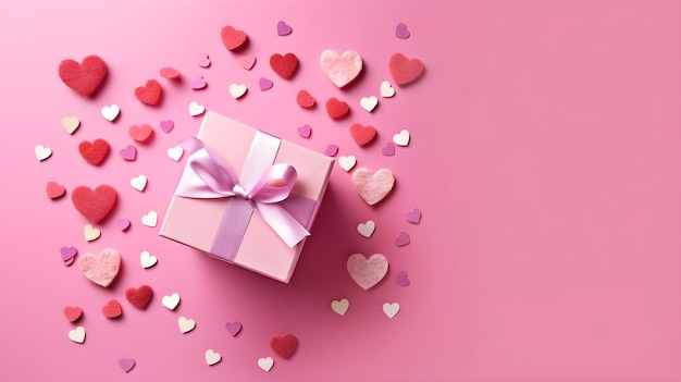 pink box with pink ribbon and pink heart candy on pink background