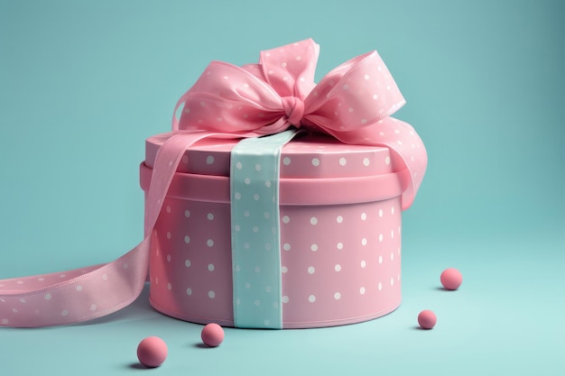 Pink Box With Polka Dots And Pink Ribbon Hanging On Blue Background Generative AI