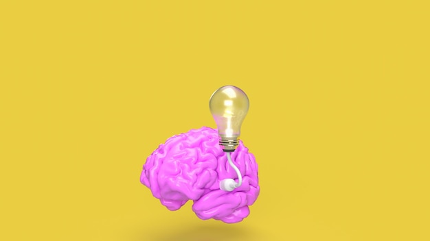 The pink Brain and light bulb on yellow background for creative or idea concept 3d rendering