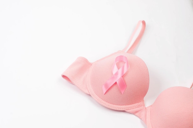 Pink brassiere with pink ribbon over Breast cancer concept