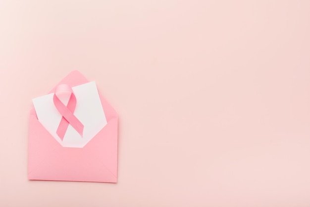 Pink Breast Cancer Awareness Ribbon Pink envelope with ribbons on backgrounds Breast cancer awareness and October Pink day world cancer day Top view Mock up