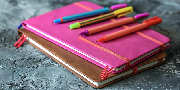 Pink and brown notebooks with colorful pens