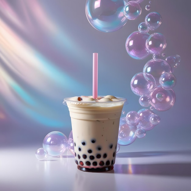 Photo pink bubble tea with block boba pearls and straw on a table