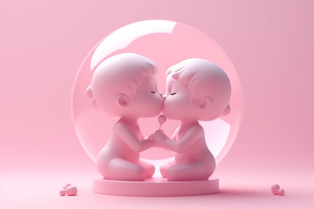 A pink bubble with two figurines kissing on it.