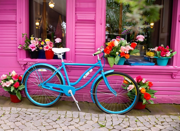 A pink building with a blue bicycle parked in front of it.