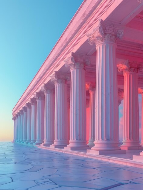 a pink building with columns and a pink and white building with columns