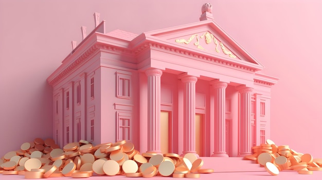 A pink building with gold coins on the top.