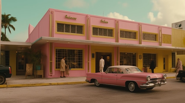 A pink building with a pink car in front of it