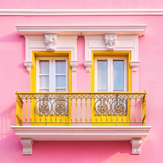 Photo a pink building with a yellow balcony and a yellow balcony