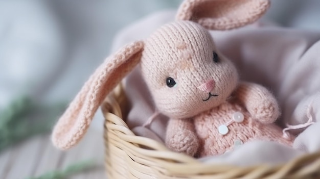 A pink bunny sits in a basket with a pink blanket.