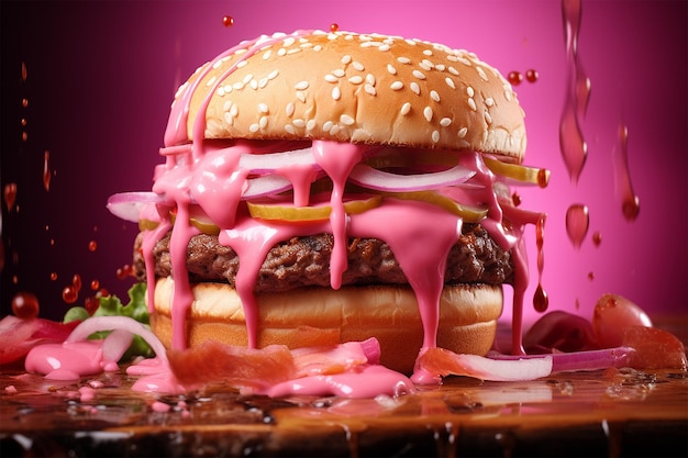 Pink burger with sauce splash delicious menu banner