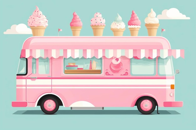 a pink bus with ice cream on the top and pink and white stripes on the side