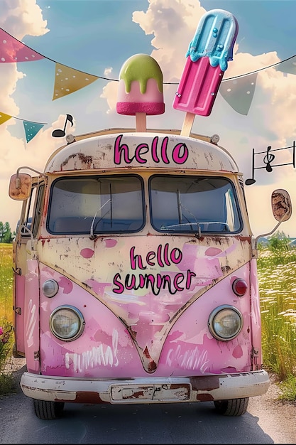 Photo a pink bus with the words hello summer on it