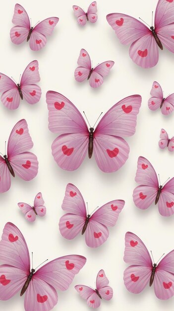 Photo pink butterflies with hearts on a white background