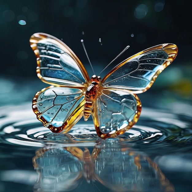 a pink butterfly is floating in the water with the reflection of the butterfly