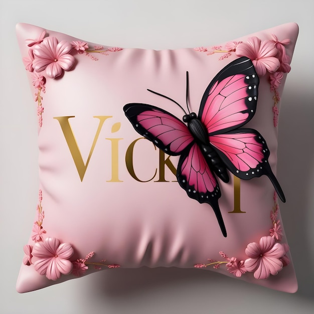 a pink butterfly pillow with the word i on it