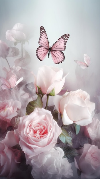 A pink butterfly and pink roses with a pink butterfly above it.