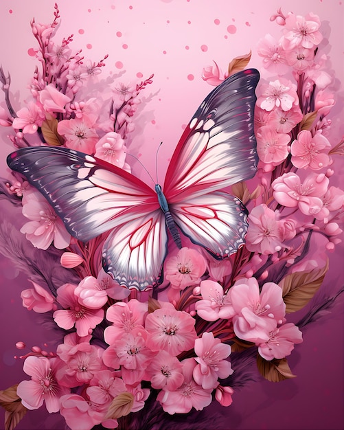 Pink Butterfly with Flowers on Pink Background