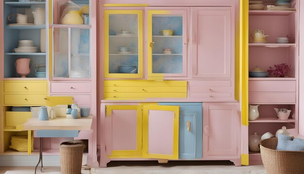 a pink cabinet with yellow doors and a yellow cabinet with a blue and white top