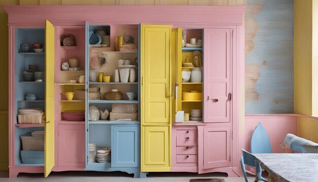 a pink cabinet with yellow doors and a yellow cabinet with a blue and yellow door