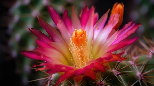 A pink cactus flower with the orange center.