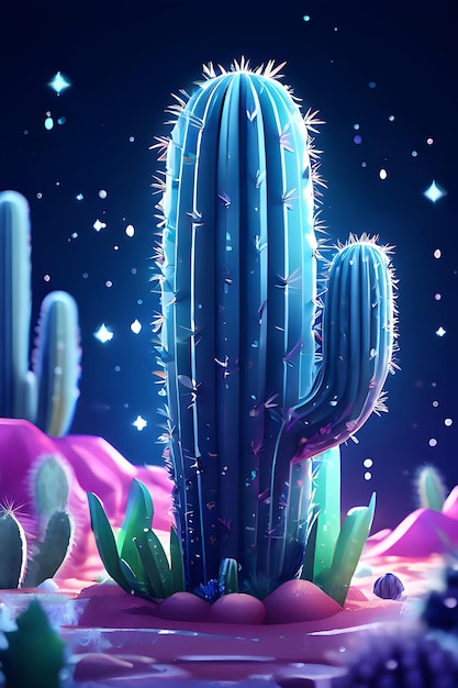 Pink cactus tree blue and pink lighting sky with background generative ai