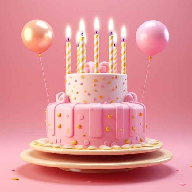 A pink cake with candles on it and a pink background with gold confetti.