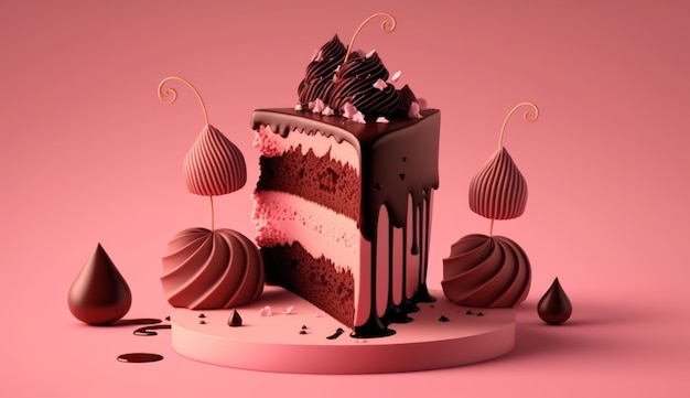 A pink cake with chocolate icing and a piece of chocolate.