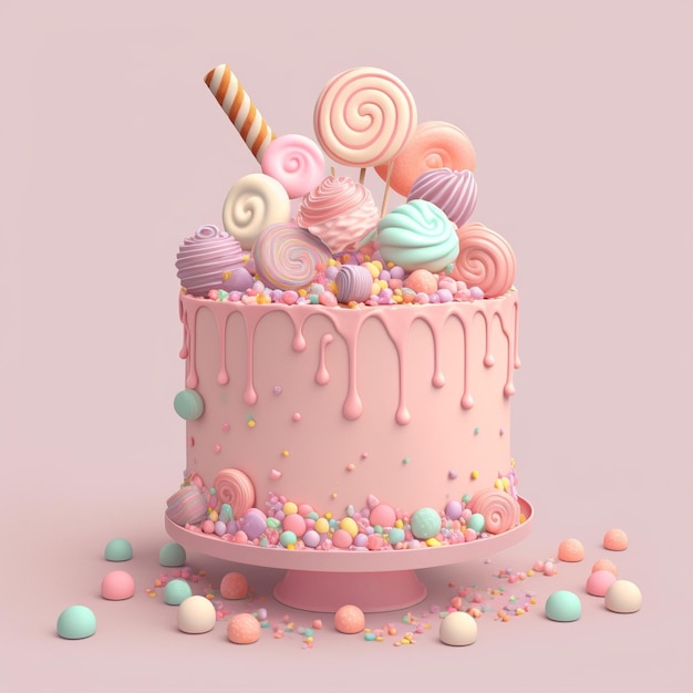 A pink cake with colorful candies on top of it