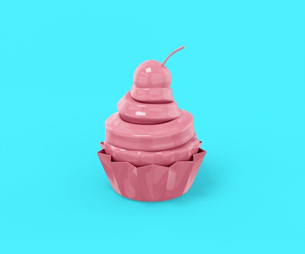 Pink cake with cream and cherry on top on a blue background Minimalistic design object 3d rendering icon ui ux interface element