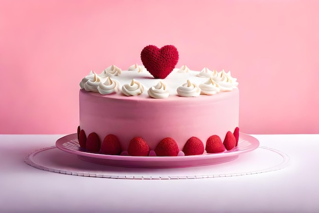 A pink cake with a heart on top and a red heart on the top.