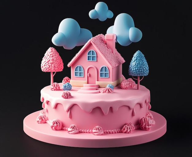 Photo a pink cake with a house on the top and the word  pink  on the bottom