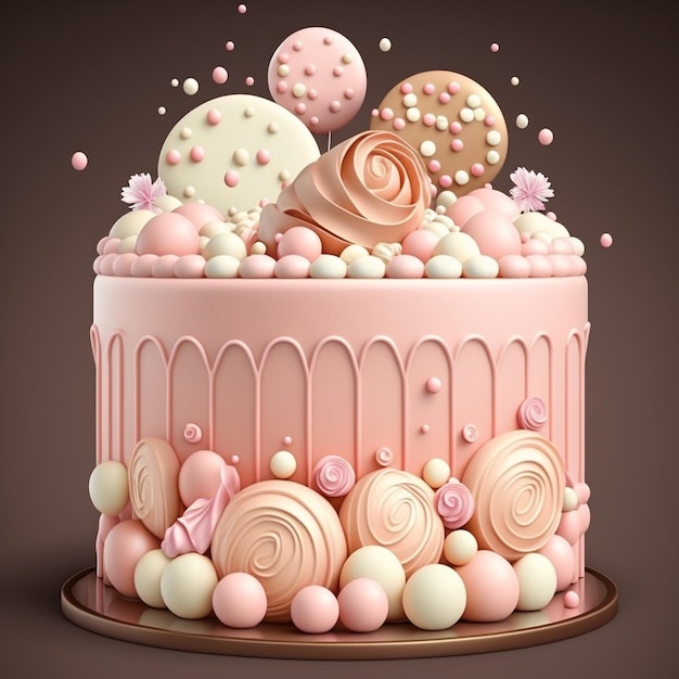 A pink cake with pink frosting and a bunch of balls on it.