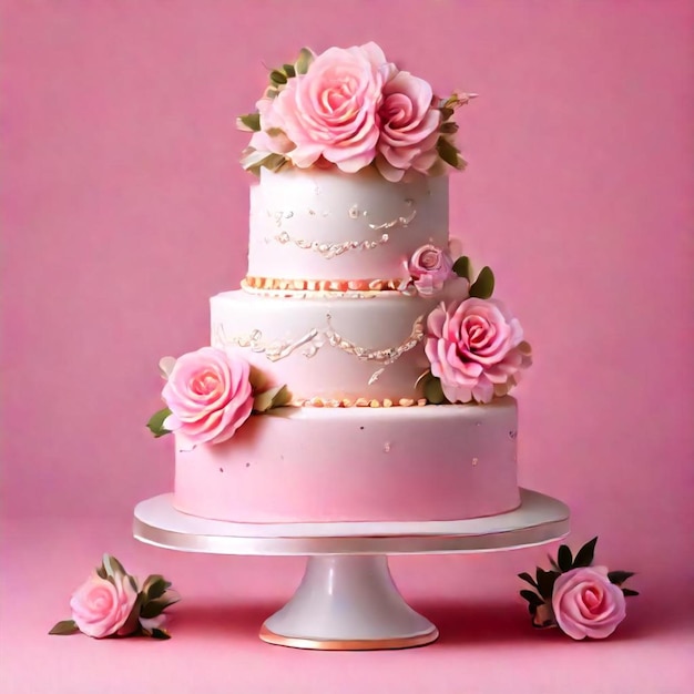 a pink cake with pink roses on it