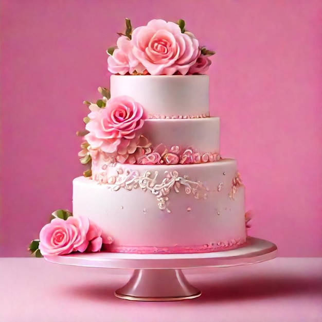 a pink cake with pink roses on a pink background