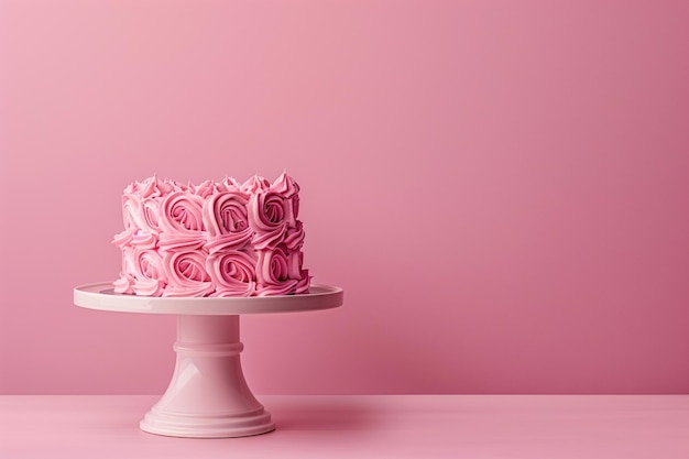 Photo a pink cake with roses on it sits on a table