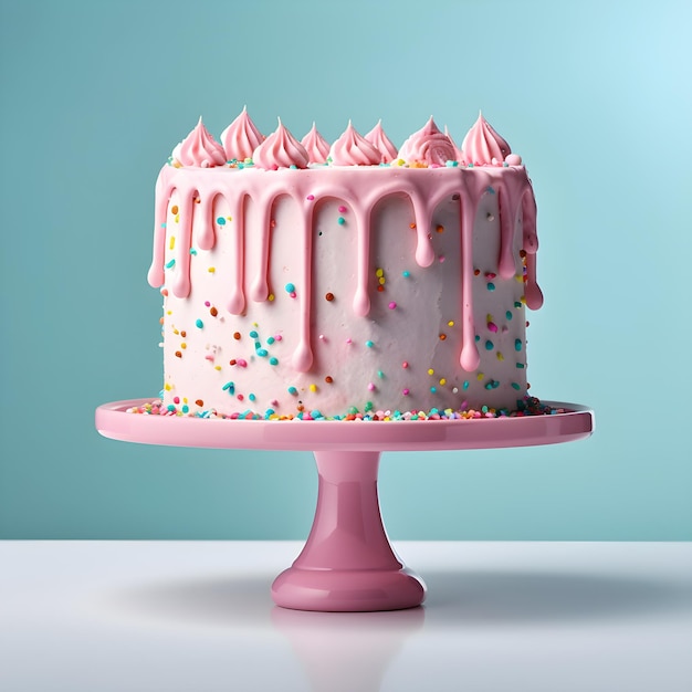 A pink cake with sprinkles on top of it