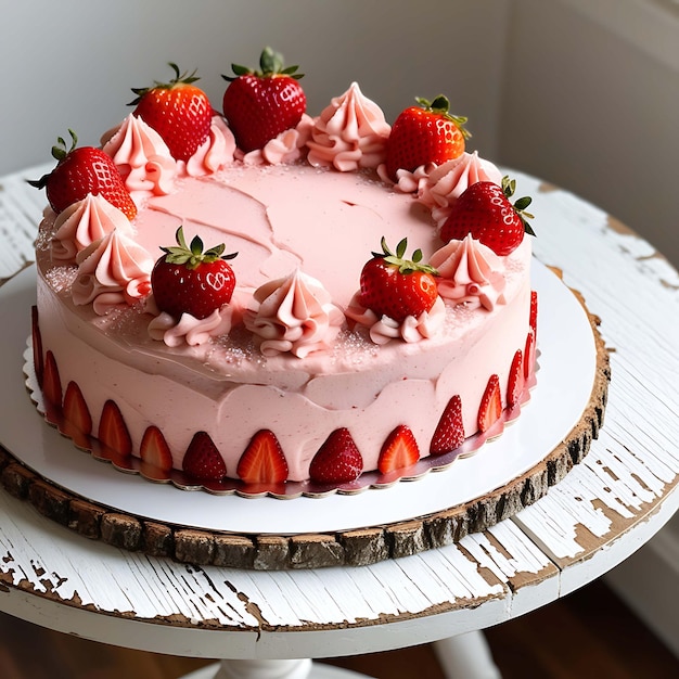 a pink cake with strawberries on it sits on a white table