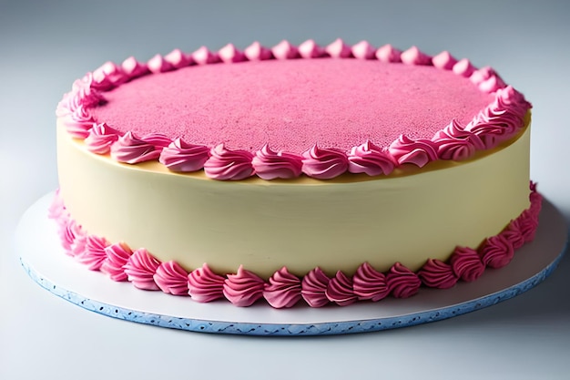 A pink cake with white frosting and pink icing.