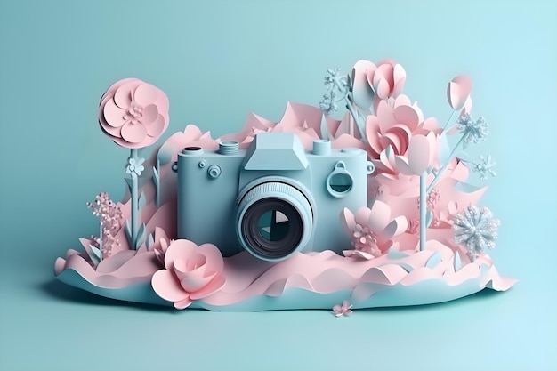 A pink camera with flowers on it is surrounded by flowers.