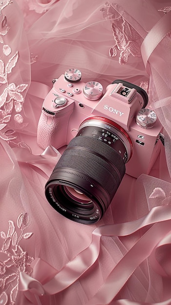 a pink camera with a strap that says sony on it