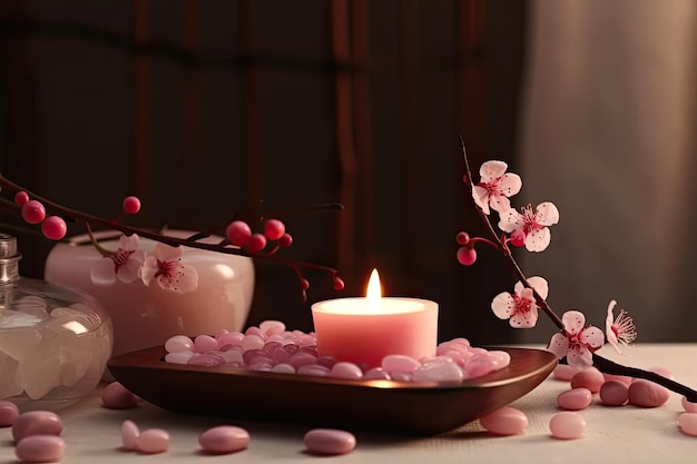 Pink candles with pink flowers and zen stones on wooden table Beauty spa treatment and relax concept Ai generative