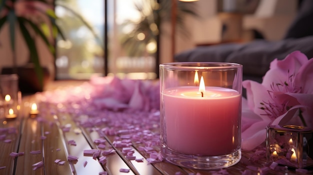 Pink candles with purple flowers HD 8K background wallpaper Stock photographic image