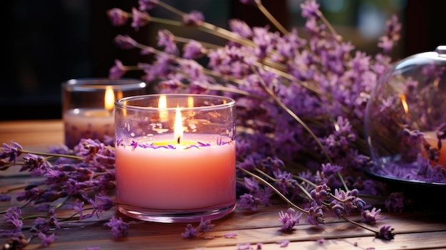 Pink candles with purple flowers HD 8K background wallpaper Stock photographic image