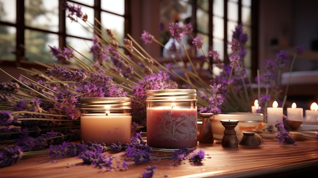 Pink candles with purple flowers HD 8K background wallpaper Stock photographic image