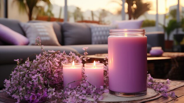 Pink candles with purple flowers HD 8K background wallpaper Stock photographic image