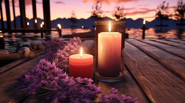 Pink candles with purple flowers HD 8K background wallpaper Stock photographic image