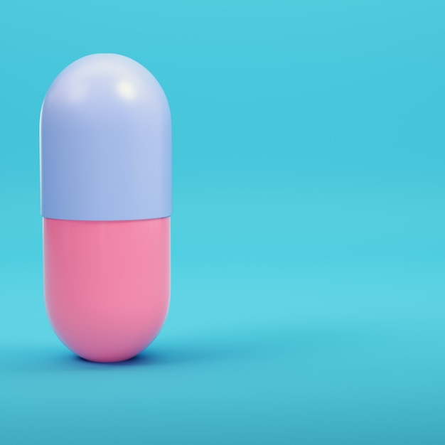 Pink capsule pill on bright blue background in pastel colors. Minimalism concept. 3d render