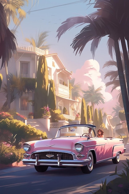 A pink car driving down a street next to palm trees generative ai image