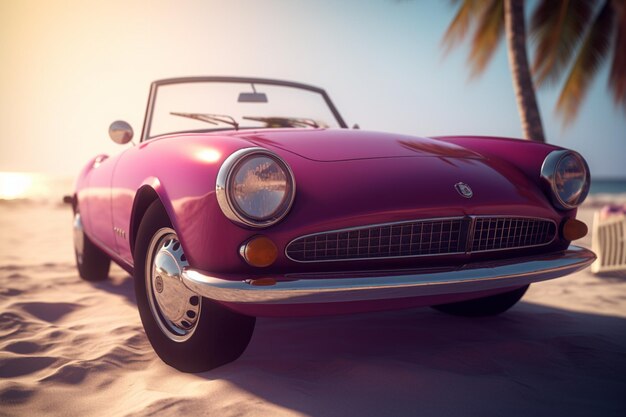 A pink car in the sand with the sun shining on it.